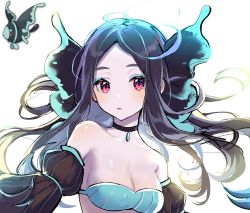 Rule 34 | 1girl, bad id, bad twitter id, bare shoulders, black hair, blue eyeshadow, breasts, choker, cleavage, collarbone, creatures (company), eyebrows, eyeshadow, fish, game freak, gen 4 pokemon, ha youn, highres, long hair, looking at viewer, lumineon, makeup, nintendo, pale skin, parted lips, personification, pokemon, pokemon (creature), simple background, small breasts, solo, upper body, white background