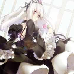 Rule 34 | 00s, 1girl, :&lt;, ayuteisyoku, black wings, bow, dress, flower, frills, gothic lolita, hair bow, hairband, headdress, highres, holding, holding flower, lolita fashion, long hair, looking at viewer, mini wings, pink eyes, pink flower, pink rose, ribbon, rose, rozen maiden, silver hair, solo, suigintou, wings