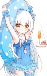 Rule 34 | 1girl, arms up, bare shoulders, blue one-piece swimsuit, blue scrunchie, blush, brown eyes, bunny girl (yuuhagi (amaretto-no-natsu)), casual one-piece swimsuit, champagne flute, closed mouth, commentary request, cup, drink, drinking glass, food, frilled swimsuit, frills, fruit, hair between eyes, hair ornament, hair scrunchie, innertube, long hair, one-piece swimsuit, one side up, polka dot, scrunchie, simple background, solo, strawberry, swim ring, swimsuit, very long hair, wavy mouth, white background, white hair, wrist cuffs, yuuhagi (amaretto-no-natsu)