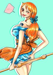 Rule 34 | 1girl, absurdres, bare shoulders, breasts, highres, japanese clothes, kimono, large breasts, long hair, looking at viewer, nami (one piece), one piece, orange eyes, orange hair, ribbon, short kimono, sideboob, smile, solo, tattoo, wavy hair