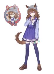 Rule 34 | 1girl, animal ears, arm at side, beanie, bow, bowtie, brown footwear, brown hair, candy, charan (4963 nkym), closed mouth, ears through headwear, food, full body, grey hat, hand up, hat, highres, holding, holding candy, holding food, horse ears, horse girl, horse tail, legs apart, loafers, long hair, long sleeves, looking at viewer, nakayama festa (umamusume), pink eyes, purple shirt, purple skirt, purple thighhighs, reference inset, sailor collar, school uniform, shirt, shoes, simple background, skirt, smile, solo, standing, tail, thighhighs, tracen school uniform, umamusume, white background