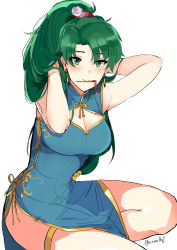 Rule 34 | 1girl, absurdres, bare shoulders, blush, breasts, china dress, chinese clothes, dress, fire emblem, fire emblem: the blazing blade, green eyes, green hair, high ponytail, highres, large breasts, long hair, looking at viewer, lyn (fire emblem), nintendo, ormille, pelvic curtain, ponytail, side slit, simple background, smile, solo, very long hair, white background