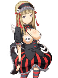 Rule 34 | 1girl, bag, breasts, breasts out, brown hair, cleavage, covered erect nipples, dungeons &amp; princess, expressionless, female focus, freckles, gothic lolita, hair ornament, hair ribbon, hairband, handbag, ikegami tatsuya, large breasts, lolita fashion, lolita hairband, long hair, looking at viewer, parted lips, pasties, puffy short sleeves, puffy sleeves, purple eyes, ribbon, short sleeves, skull hair ornament, solo, standing, striped clothes, striped thighhighs, thighhighs, vertical stripes, white background, wings