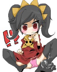 Rule 34 | !?, 1girl, ashley (warioware), black hair, black thighhighs, blush, cum, cum on body, cum on clothes, cum on feet, dress, female focus, lowres, nintendo, no nose, panties, pantyshot, red eyes, simple background, sitting, solo, tagme, thighhighs, toes, twintails, underwear, upskirt, warioware, white background