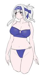 Rule 34 | 1girl, ainu clothes, bikini, blue bikini, blue headband, breasts, cleavage, collarbone, cowboy shot, cropped legs, grey hair, headband, kamoi (kancolle), kantai collection, large breasts, long hair, looking to the side, navel, ponytail, simple background, solo, standing, swimsuit, tamu (mad works), thigh gap, white background