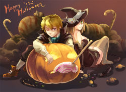 Rule 34 | 1boy, 1girl, back-to-back, bare shoulders, blonde hair, boots, breasts, candy, candy cane, cape, cat, dress, el (mushboom), elbow gloves, food, gloves, green eyes, halloween, happy halloween, hat, high heels, jack-o&#039;-lantern, medium breasts, one eye closed, original, pumpkin, purple eyes, shoes, thighhighs, wink, witch hat, zettai ryouiki