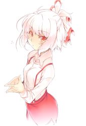 Rule 34 | 1girl, alternate hair length, alternate hairstyle, blush, bow, breasts, closed mouth, collar, commentary request, fujiwara no mokou, hands up, kaiza (rider000), long sleeves, looking at viewer, medium breasts, multicolored bow, own hands together, pants, red bow, red eyes, red pants, shirt, short hair, simple background, solo, standing, touhou, white background, white bow, white collar, white hair, white shirt, white sleeves