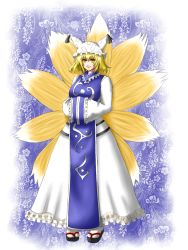 Rule 34 | 1girl, blonde hair, female focus, fox tail, full body, gradient background, hands in opposite sleeves, hat, highres, luru (lesena), multiple tails, sandals, short hair, solo, tabi, tail, touhou, yakumo ran, yellow eyes