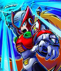 Rule 34 | 1boy, 1girl, android, angry, arm cannon, armor, blonde hair, blue eyes, fangs, gloves, helmet, highres, long hair, looking at viewer, male focus, mega man (series), mega man x (series), open mouth, ponytail, robot, solo, stoic seraphim, twitter username, weapon, zero (mega man)