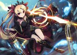 Rule 34 | 1girl, asymmetrical sleeves, black leotard, blonde hair, boots, cape, collarbone, commentary request, earrings, ereshkigal (fate), closed eyes, fate/grand order, fate (series), full body, gold trim, hair ribbon, highres, hoop earrings, jewelry, kozakura (dictionary), leotard, long hair, red cape, red eyes, red ribbon, ribbon, skull, smile, solo, spine, tiara, two side up, uneven sleeves