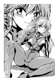 Rule 34 | 1girl, absurdres, ass, blush, breasts, curvy, highres, long hair, looking at viewer, manabe jouji, medium breasts, monochrome, neon genesis evangelion, plugsuit, shiny clothes, sitting, smile, solo, souryuu asuka langley, spread legs, thick thighs, thighs, twintails