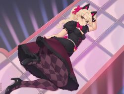 Rule 34 | 1girl, animal ears, argyle, argyle clothes, argyle legwear, artist name, ass, belly chain, black cat d.va, black dress, black footwear, black gloves, blonde hair, bow, bracelet, breasts, brown eyes, brown pantyhose, cat ears, clothes lift, d.va (overwatch), dress, dress lift, earrings, fake animal ears, full body, gem, gloves, gothic lolita, hair bow, heart, high heels, jewelry, kuroonehalf, legs, lifting own clothes, lolita fashion, long hair, looking at viewer, lying, medium breasts, naughty face, official alternate costume, on side, overwatch, overwatch 1, pantyhose, parted bangs, pearl (gemstone), pearl bracelet, pink bow, puffy short sleeves, puffy sleeves, shoes, short sleeves, smile, solo, twintails