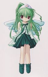 Rule 34 | 00s, 1girl, alternate costume, dress, galaxy angel, green hair, high ponytail, long hair, looking at viewer, ponytail, red eyes, simple background, solo, vanilla h, white background, wings