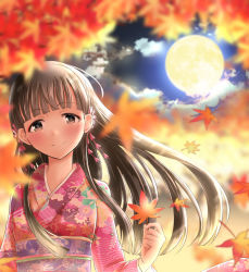 Rule 34 | 1girl, autumn, autumn leaves, blunt bangs, blurry, blurry foreground, blush, brown eyes, brown hair, closed mouth, cloud, commentary request, depth of field, floating hair, floral print, flower, full moon, hair flower, hair ornament, head tilt, holding, holding leaf, idolmaster, idolmaster cinderella girls, japanese clothes, kimono, kobayakawa sae, leaf, long hair, long sleeves, looking at viewer, moon, moonlight, night, night sky, obi, print kimono, ram hachimin, sash, sky, smile, solo, straight hair, upper body, wide sleeves