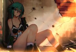 Rule 34 | 10s, 1girl, anti-materiel rifle, bad id, blue eyes, blue hair, bolt action, breasts, bullet, bullet hole, cleavage, gun, hair ornament, hairclip, highres, jacket, unworn jacket, mouth hold, off shoulder, pgm hecate ii, rifle, short hair, short shorts, shorts, sinon, sitting, small breasts, sniper rifle, sola7764, sword art online, thighs, weapon