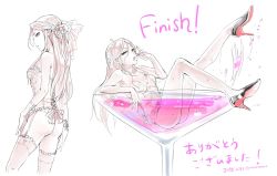 Rule 34 | 1girl, ass, bare shoulders, bow, breasts, cherry, cocktail glass, commentary request, corset, cropped legs, cross-laced clothes, cup, dated, drinking glass, eating, food, fruit, full body, garter straps, glass, gloves, hair bow, hair ornament, high heels, highres, idolmaster, idolmaster cinderella girls, lingerie, long hair, looking at viewer, medium breasts, monochrome, multiple views, null (chronix), oversized object, panties, partially submerged, sketch, splashing, spot color, standing, swimsuit, thighhighs, thong, translation request, twitter username, underwear, unfinished, zaizen tokiko