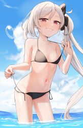 Rule 34 | 1girl, absurdres, araman, bare arms, bare shoulders, bikini, black bikini, black ribbon, blue archive, blue sky, blush, breasts, closed mouth, cloud, collarbone, cowboy shot, day, gluteal fold, grin, groin, hair between eyes, hair ribbon, highres, long hair, looking at viewer, mutsuki (blue archive), navel, open mouth, outdoors, red eyes, ribbon, sky, small breasts, smile, solo, standing, stomach, string bikini, swimsuit, twintails, very long hair, wading, water, wet, white hair