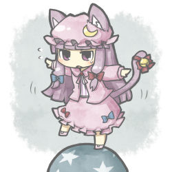 Rule 34 | 1girl, animal ears, bad id, bad pixiv id, ball, bell, bow, cat ears, cat girl, cat tail, crescent, dress, female focus, hair bow, hair ribbon, hat, kemonomimi mode, long hair, open mouth, outstretched arms, patchouli knowledge, purple eyes, purple hair, ribbon, solo, sweat, tail, touhou, yuasan
