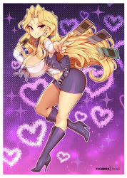 Rule 34 | 1girl, blonde hair, boots, border, breasts, card, cleavage, detached sleeves, dithered background, earrings, fingernails, full body, gradient background, grin, heart, heart background, high heel boots, high heels, hoop earrings, jacket, jewelry, kujaku mai, large breasts, leaning forward, long hair, midriff peek, miniskirt, nail polish, navel, open clothes, open jacket, pencil skirt, pink background, pink nails, purple background, purple eyes, skirt, smile, solo, stiletto boots, stiletto heels, thighs, v, very long hair, virus-g, white border, white sleeves, yu-gi-oh!