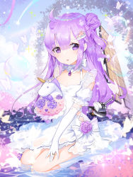 Rule 34 | 1girl, :o, ahoge, animal, apple caramel, azur lane, bell, blue sky, blush, bouquet, bow, breasts, bug, butterfly, cannon, cleavage, commentary, day, detached sleeves, dress, elbow gloves, flight deck, flower, gloves, hair between eyes, hair bun, head tilt, highres, holding, holding bouquet, insect, jewelry, jingle bell, kneehighs, long hair, looking at viewer, hugging object, one side up, outdoors, parted lips, pastel colors, puffy short sleeves, puffy sleeves, purple eyes, purple flower, purple hair, purple rose, ring, rose, see-through, seiza, short sleeves, side bun, single hair bun, single side bun, sitting, sky, sleeveless, sleeveless dress, small breasts, socks, solo, stuffed animal, stuffed toy, stuffed unicorn, stuffed winged unicorn, turret, unicorn (azur lane), very long hair, water, white bow, white dress, white gloves, white socks