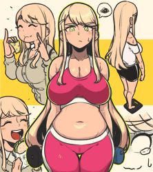 Rule 34 | 1girl, belly, blonde hair, blush, breasts, brown shirt, cleavage, commentary, eating, closed eyes, food, large breasts, light frown, long hair, masgamjya, multiple views, navel, o o, original, pants, pink pants, pink sports bra, pizza, plump, sandwich, shaded face, shirt, simple background, smile, spoken squiggle, sports bra, sportswear, squiggle, sweat, sweatdrop, tears, very long hair, weighing scale, weight conscious, white shirt, yellow eyes, yoga pants