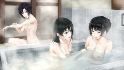 Rule 34 | 3girls, bare arms, bare shoulders, bath, bathing, black hair, blue eyes, breast hold, breasts, cleavage, collarbone, female focus, game cg, grabbing, grabbing another&#039;s breast, hair up, indoors, innocent grey, kara no shoujo 2, kayahara yukiko, kohane torii, large breasts, looking at another, medium breasts, moaning, multiple girls, neck, nipples, nude, open mouth, parted lips, round teeth, same-sex bathing, shared bathing, short hair, small breasts, soap bubbles, steam, submerged, sugina miki, teeth, tile wall, tiles, tokisaka yukari, washing, water, yuri