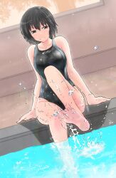 Rule 34 | 1girl, amagami, barefoot, black hair, black one-piece swimsuit, bob cut, breasts, commentary request, competition swimsuit, highres, kankon (idou toshokan), looking at viewer, medium breasts, nanasaki ai, one-piece swimsuit, poolside, short hair, sitting, smile, soaking feet, soles, solo, swimsuit, toes, two-tone swimsuit, wet