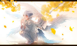 Rule 34 | 1boy, :d, absurdres, albino, angel, bad id, bad pixiv id, barcode, barcode tattoo, blue wings, blurry, blush, branch, depth of field, falling leaves, feathered wings, full body, ginkgo leaf, hair between eyes, halo, highres, interlocked fingers, leaf, letterboxed, looking away, low wings, mafumafu, male focus, multicolored wings, multiple wings, niconico, open mouth, outside border, own hands together, pants, red eyes, shadow, shirt, silver hair, smile, solo, squatting, tattoo, transparent wings, usagi (31820156), utaite, white background, white pants, white shirt, white wings, wings