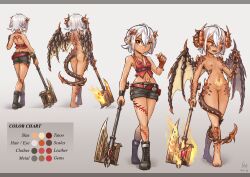 1girl absurdres ass axe barefoot battle_axe belt belt_buckle body_freckles body_markings boots breasts buckle character_sheet chest_belt claws color_guide completely_nude corset demon_form demon_girl demon_horns demon_tail demon_wings feet fiera_(chirutai) fingerless_gloves fire flaming_weapon freckles front_and_back gem gloves glowing glowing_eyes highres holding holding_axe horns jewelry maxa&#039; midriff multicolored_hair multiple_belts necklace non-web_source nude orange_hair original red_corset red_gemstone sharp_teeth shiny_skin short_shorts shorts single_fingerless_glove single_glove small_breasts streaked_hair tail teeth weapon white_hair wings