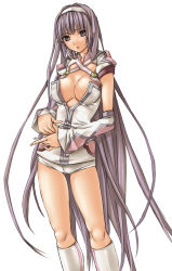 Rule 34 | 1girl, aged up, alternate hairstyle, breasts, center opening, cleavage, detached sleeves, hairband, large breasts, long hair, official alternate costume, purple eyes, purple hair, short shorts, shorts, socks, solo, sonnnabakana, sophie (tales), tales of (series), tales of graces, unzipped, very long hair, white background