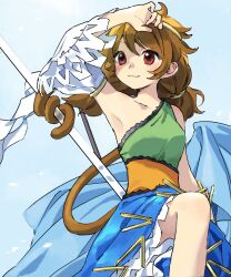 Rule 34 | 1girl, armpits, blue background, blue dress, bo staff, breasts, brown hair, brown tail, circlet, closed mouth, collarbone, commentary request, detached sleeves, dress, frilled dress, frills, green dress, happy, highres, kaigen 1025, monkey girl, monkey tail, multicolored clothes, multicolored dress, prehensile tail, red eyes, ruyi jingu bang, simple background, single-shoulder dress, single detached sleeve, small breasts, smile, solo, son biten, tail, test tube, touhou, yellow dress