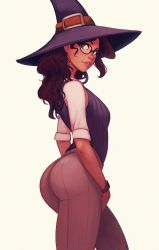 Rule 34 | 1girl, arched back, ass, black-framed eyewear, breasts, brown eyes, brown hair, commentary, dark-skinned female, dark skin, glasses, green eyes, hat, highres, lips, long hair, looking at viewer, medium breasts, nose, original, parted lips, raichiyo33, revision, simple background, solo, thick lips, watch, witch hat, wristwatch, yellow background