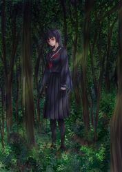 Rule 34 | 1girl, arms at sides, black gloves, black hair, black pantyhose, black sailor collar, black serafuku, black skirt, blank stare, blunt ends, breasts, brown footwear, closed mouth, commentary request, dappled sunlight, day, empty eyes, foliage, forest, gloves, grass, highres, hime cut, large breasts, loafers, long hair, long skirt, looking at viewer, nature, oide yo mahou shoujo mura, outdoors, pantyhose, pleated skirt, red eyes, sailor collar, sarufutsu (oide yo mahou shoujo mura), school uniform, serafuku, shoes, skirt, smile, solo, standing, sunlight, tomohiro (tomohiro r36aby), wide-eyed, wide shot
