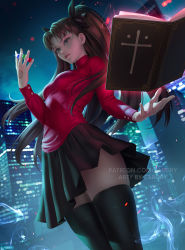 Rule 34 | 1girl, artist name, black hair, black thighhighs, blue eyes, blurry, blurry background, book, breasts, building, cityscape, commentary, cowboy shot, english commentary, expressionless, fate/stay night, fate (series), floating, from below, gem, glint, hair ribbon, highres, levitation, long hair, long sleeves, looking at viewer, medium breasts, open book, patreon username, ribbon, skirt, skyscraper, solo, thighhighs, tohsaka rin, twintails, two side up, zarory, zettai ryouiki