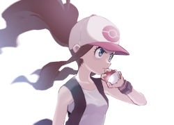 Rule 34 | 1girl, blue eyes, brown hair, closed mouth, creatures (company), game freak, hat, hilda (pokemon), holding, holding poke ball, hoyon, long hair, looking away, nintendo, poke ball, poke ball (basic), pokemon, pokemon bw, ponytail, simple background, solo, upper body, white background, white hat