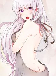 Rule 34 | 10s, 1girl, 1pinpon, ass, back, backless dress, backless outfit, bare back, bare shoulders, blush, breasts, butt crack, dimples of venus, dress, emilia (re:zero), female focus, from behind, grey dress, halterneck, highres, long hair, looking at viewer, looking back, low-tied long hair, medium breasts, meme attire, naked sweater, no bra, no panties, open mouth, purple eyes, re:zero kara hajimeru isekai seikatsu, ribbed sweater, shoulder blades, sideboob, solo, sweater, sweater dress, turtleneck, turtleneck sweater, upper body, virgin killer sweater