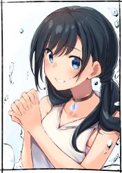 Rule 34 | 1girl, amano hina (tenki no ko), bare arms, bare shoulders, black border, black choker, black hair, blue eyes, blush, border, choker, commentary request, fingernails, glowing, grin, hair between eyes, hands up, highres, hood, hood down, hoodie, kei (soundcross), long hair, looking at viewer, low twintails, own hands clasped, own hands together, sleeveless, sleeveless hoodie, smile, solo, tenki no ko, twintails, upper body, water drop, white hoodie