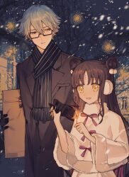 Rule 34 | 1boy, 1girl, albino (a1b1n0623), antenna hair, bare tree, black-framed eyewear, black coat, black gloves, black hair, black scarf, blue hair, chinese commentary, coat, double bun, facial mark, fate/grand order, fate (series), fire, folder, forehead mark, fur-trimmed sleeves, fur collar, fur trim, glasses, gloves, grey eyes, hair between eyes, hair bun, hair ornament, hands up, hans christian andersen (adult) (fate), hans christian andersen (fate), highres, holding, holding folder, holding hands, holding matchstick, long hair, long sleeves, looking at another, looking at object, looking down, night, open mouth, outdoors, parted bangs, parted lips, pink ribbon, pom pom (clothes), pom pom hair ornament, ribbon, scarf, sessyoin kiara, sessyoin kiara (lily), short hair, sidelocks, signature, third-party source, tree, white coat, wide sleeves, winter clothes, winter coat, yellow eyes