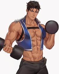 Rule 34 | 1boy, abs, artist name, bara, biceps, chest harness, dark, dark-skinned male, dark skin, dumbbell, harness, highres, jacket, jouvru, looking at viewer, male focus, manly, muscular, muscular male, navel, original, pants, pectorals, smile, solo, spiked hair, thick arms, topless male, yellow eyes