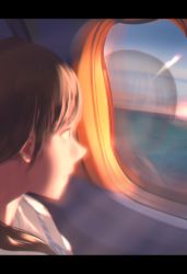 Rule 34 | 1girl, airplane interior, brown eyes, brown hair, closed mouth, commentary, hair over shoulder, litra (ltr0312), long hair, looking outside, original, pillarboxed, portrait, profile, reflection, sky, solo, sun, sunlight, sunset, water, window