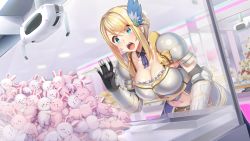 Rule 34 | 1girl, against glass, aqua eyes, armor, blonde hair, blue eyes, blush, braid, breasts, cleavage, crane game, detached collar, female focus, french braid, game cg, hair ornament, hand up, indoors, kukkorodays, large breasts, light blush, midriff, navel, open mouth, original, qureate, solo, standing, stuffed toy, teeth, upper teeth only
