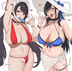 Rule 34 | 2girls, arm up, armpits, bikini, black hair, blue bikini, blue bow, blue eyes, blue hair, blue nails, blue ribbon, blush, bow, bracelet, breasts, cameltoe, character request, cleavage, dripping, eating, food, front-tie top, gongba laoge, hair ribbon, hand up, hat, hat bow, heart, holding, holding food, jewelry, large breasts, lin (tower of fantasy), long hair, maid headdress, mole, mole under eye, multicolored hair, multiple girls, nail polish, navel, open mouth, outstretched arm, popsicle, red bikini, red nails, ribbon, sarong, sexually suggestive, standing, stomach, streaked hair, sun hat, swimsuit, thigh strap, tongue, tongue out, tower of fantasy, twintails, two-tone hair, very long hair, viewfinder, white headwear