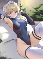 Rule 34 | 1girl, arm up, armpits, bare shoulders, black gloves, black leotard, blonde hair, blue archive, blue eyes, breasts, bun cover, covered collarbone, covered navel, elbow gloves, fingerless gloves, gloves, hand up, headdress, highleg, highleg leotard, highres, knee up, leotard, looking at viewer, lying, medium breasts, on back, pillow, reclining, short hair, siun, solo, thigh strap, thighhighs, thighs, toki (blue archive), two-tone leotard, white thighhighs
