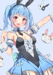 Rule 34 | 1girl, :d, absurdres, alternate breast size, animal ears, arm at side, back bow, backless dress, backless outfit, black dress, black garter straps, black hairband, black necktie, black sleeves, blue hair, blue skirt, blunt bangs, blush, bow, breasts, center frills, chai mao, cleavage, detached collar, detached sleeves, dress, fake animal ears, frilled dress, frills, garter straps, hair ribbon, hairband, hand up, highres, hikimayu, hololive, large bow, looking at viewer, medium breasts, medium hair, multicolored hair, necktie, official alternate costume, official alternate hairstyle, open mouth, pekomon (usada pekora), pleated skirt, puffy detached sleeves, puffy short sleeves, puffy sleeves, rabbit ears, red eyes, ribbon, see-through, see-through skirt, short dress, short eyebrows, short necktie, short sleeves, skirt, sleeveless, sleeveless dress, smile, solo, thick eyebrows, twintails, two-tone hair, usada pekora, usada pekora (furi furi bunny dress), v-shaped eyebrows, virtual youtuber, white hair, white sleeves, wrist cuffs