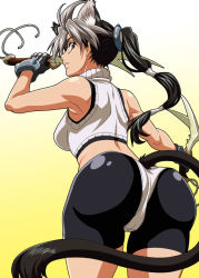 Rule 34 | animal ears, ass, back, bike shorts, black hair, brown eyes, cat ears, cat tail, dyed bangs, isse, long hair, looking back, midriff, multicolored hair, original, ponytail, sleeveless, solo, sports bra, sword, tail, turtleneck, two-tone hair, weapon