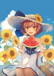 Rule 34 | 1girl, anchor symbol, bag, blue ribbon, blue sky, blurry, brown eyes, brown hair, cloud, cloudy sky, cowboy shot, day, depth of field, dress, eating, flower, food, fruit, hat, headset, highres, kantai collection, kasumi (skchkko), looking at viewer, official alternate costume, open mouth, outdoors, ribbon, round teeth, short hair, sitting, sky, smile, solo, speaking tube headset, straw hat, sun hat, sundress, sunflower, teeth, upper teeth only, watermelon, white dress, yukikaze (kancolle)