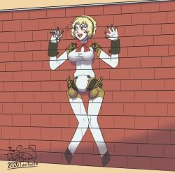 Rule 34 | aegis (persona), blonde hair, blue eyes, breasts, collar, female focus, henshin, high heels, highres, latex, open mouth, persona, persona 3, polka dot, simple background, thetransformtentacle, topless, transformation