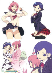 Rule 34 | 2girls, :p, absurdres, ahoge, animal print, bad id, bad yandere id, blush stickers, cow print, detached sleeves, drawing on another&#039;s face, hair ornament, hairclip, highres, japanese clothes, kimono, koutaro, multiple girls, one eye closed, panties, school uniform, thighhighs, tongue, tongue out, underwear, v, wink, zettai ryouiki