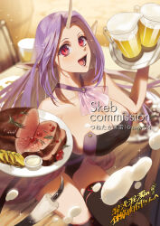 Rule 34 | 1girl, :d, alcohol, beer, black thighhighs, blurry, blurry background, breasts, commission, food, highres, holding, holding plate, horns, huge breasts, indoors, large breasts, meat, open mouth, plate, pointy ears, red eyes, single horn, sitting, sitting on table, skeb commission, slit pupils, smile, standing, table, tail, tavern, thighhighs, tsunetaka rakurai, watermark