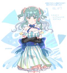 Rule 34 | 1girl, aqua dress, arms under breasts, back bow, bare shoulders, blue bow, blunt bangs, bow, breasts, closed mouth, collarbone, cosplay, cowboy shot, crossed arms, dress, earrings, floating hair, frown, futaba sana, glint, green eyes, green hair, jewelry, layered dress, light blush, magia record: mahou shoujo madoka magica gaiden, mahou shoujo madoka magica, medium hair, minami rena, minami rena (cosplay), off-shoulder dress, off shoulder, outline, polka dot, polka dot background, scrunchie, serious, short dress, sidelocks, simple background, solo, soul gem, striped background, striped clothes, striped dress, sweatdrop, totte, triangle, triangle earrings, twitter username, two side up, v-shaped eyebrows, vertical-striped clothes, vertical-striped dress, water drop, wavy hair, white background, white outline